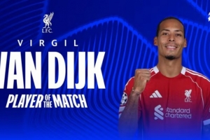 1进球6解围，范戴克当选利物浦5-1客胜法兰克福全场最佳球员