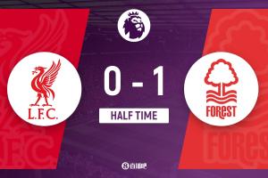 半场-利物浦暂0-1森林 穆里略破门引争议热苏斯进球被吹手球无效